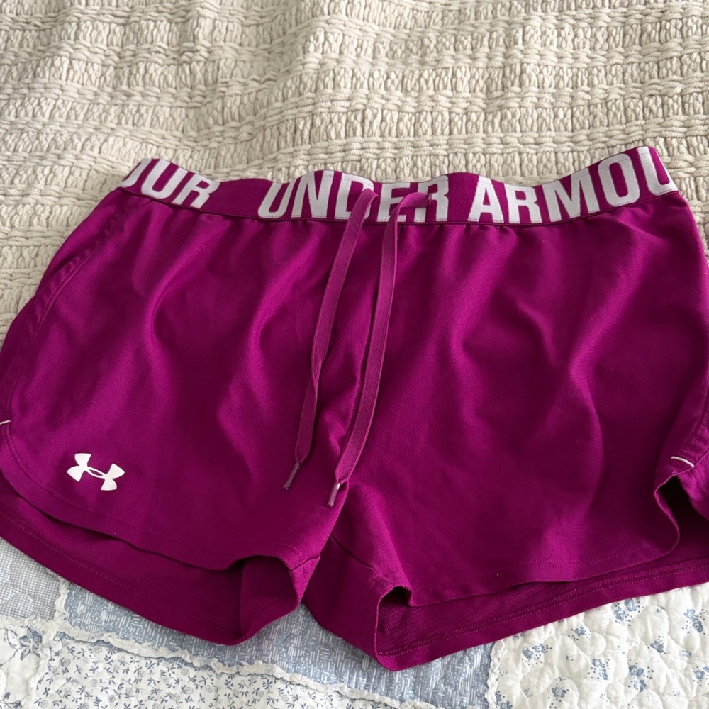 Under Armour Women's Fuchsia Athletic Shorts with White Logo